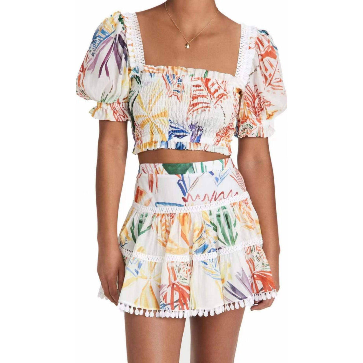 Mila Allover Print Puff Sleeve Crop Top & Pleated Skirt Set