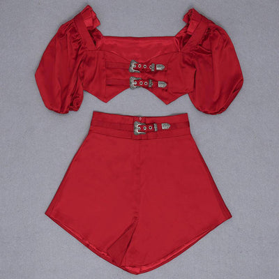 Tyne Puff Sleeve Belted Crop Top & Mini Skirt Set - Hot fashionista