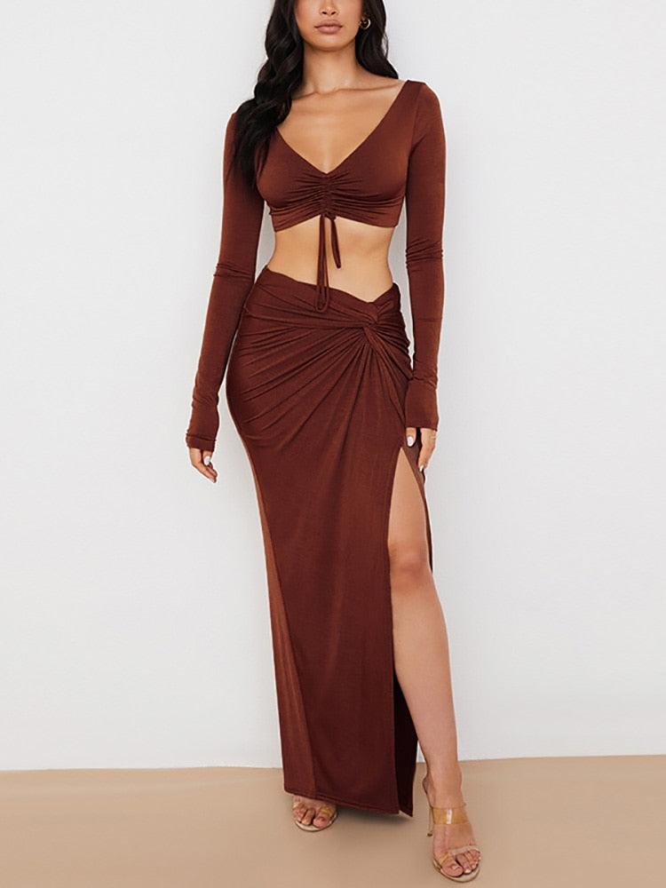 Leilani Long Sleeve Crop Top & High Slit Skirt Set - Hot fashionista