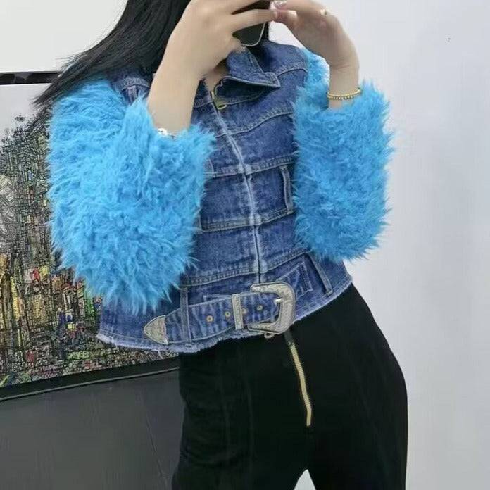 Mignonette Faux-Fur Sleeves Light Blue Jacket - Hot fashionista