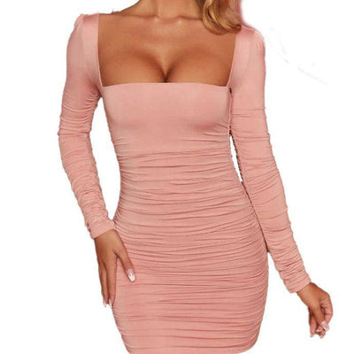 Andrea Long Sleeve Square Neck Ruched Mini Dress - Hot fashionista