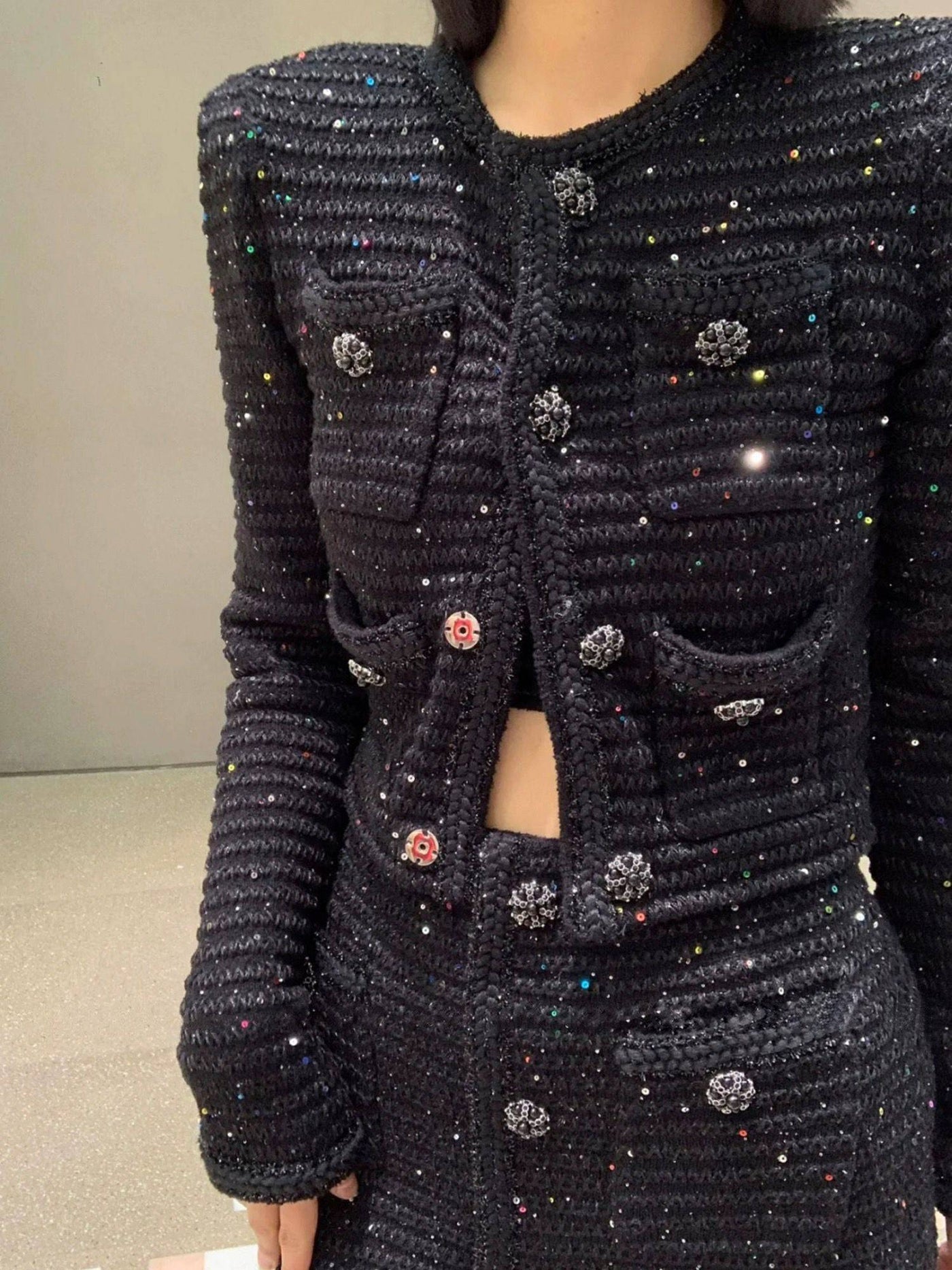 Arianna Black Sequin Knit Jacket, Skirt Set - Hot fashionista