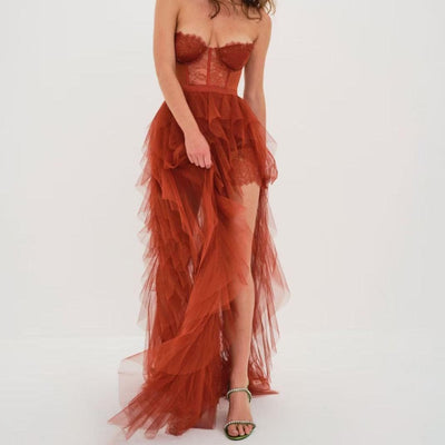 Maria Elegant Rust Tiered Ruffles Tulle Prom Dress - Hot fashionista