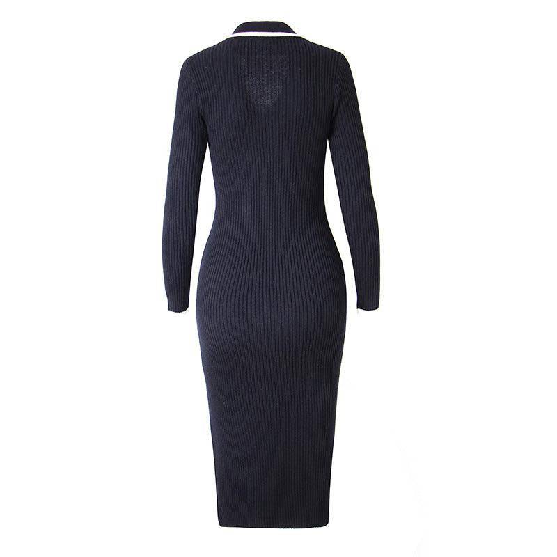 Faith Long Sleeve Collared Gold Button Embellished Knitted Midi Dress - Hot fashionista