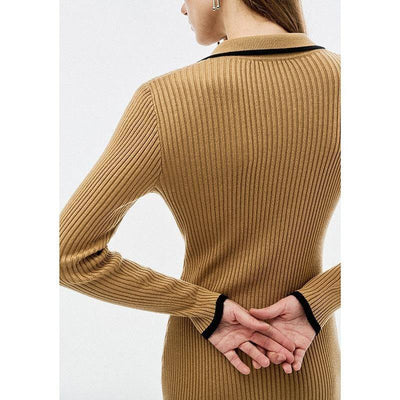 Faith Long Sleeve Collared Gold Button Embellished Knitted Midi Dress - Hot fashionista