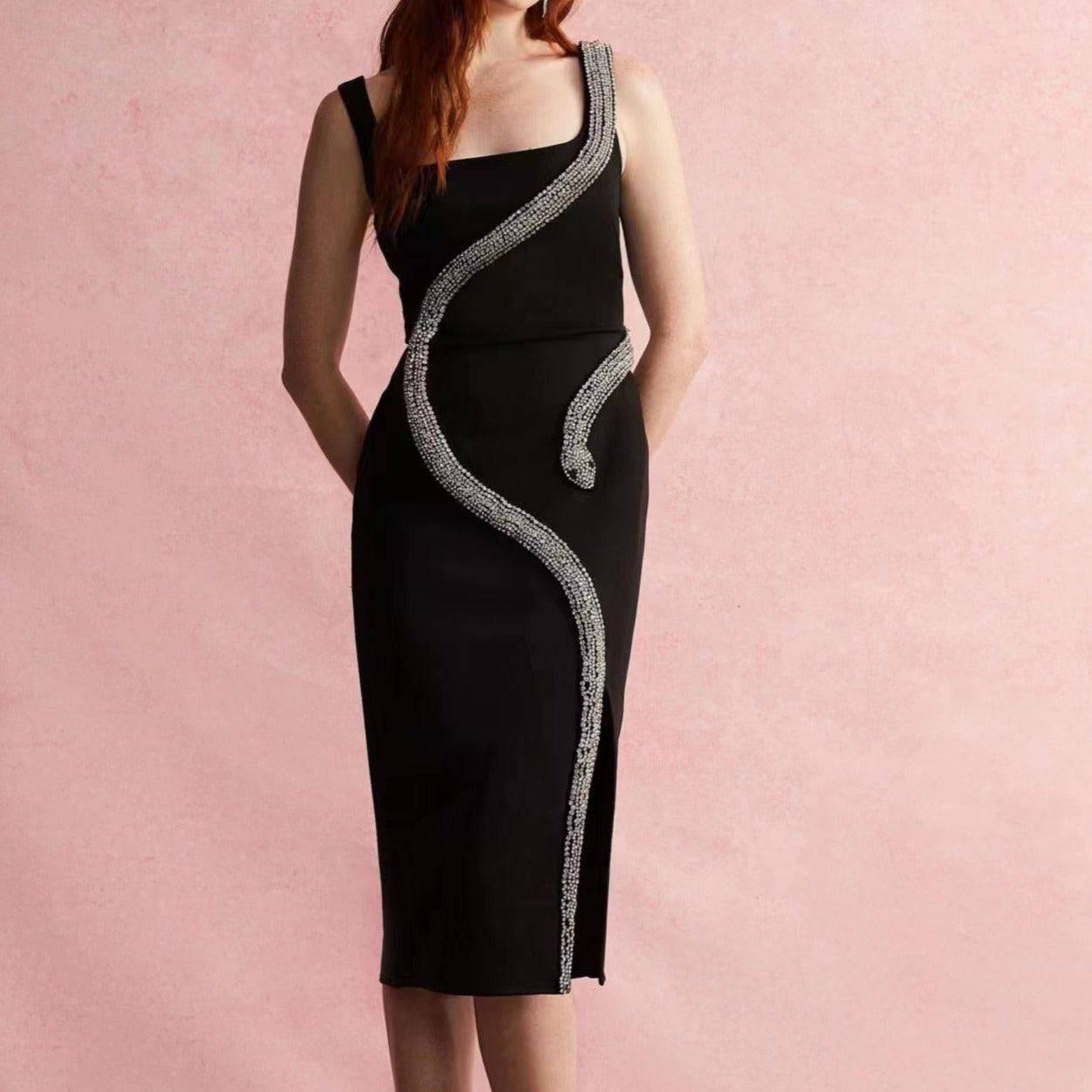 Josephine Sleeveless Crystal Snake Embellishment Midi Dress - Hot fashionista