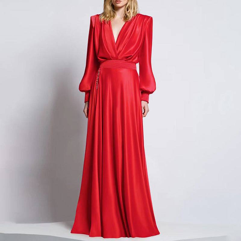 Stefani  V Neck Puff Sleeve Satin Maxi Dress - Hot fashionista