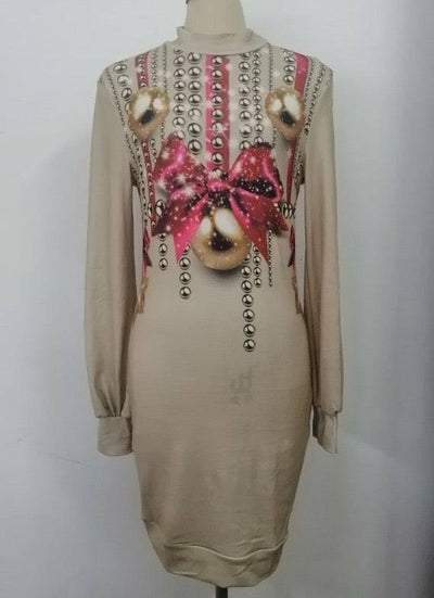 Pearl Lantern Sleeve Turtleneck Christmas Print Dress - Hot fashionista