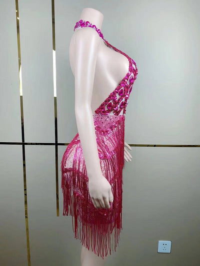 Pagett Rhinestones Sequins Tassel Backless Mini Dress - Hot fashionista