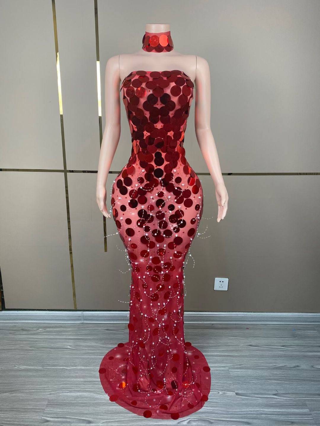 Robynn Strapless Red Sequins Transparent Maxi Dress - Hot fashionista