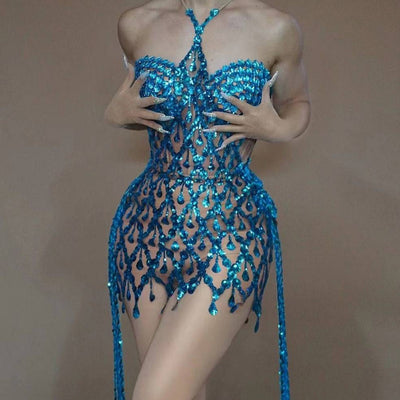 Rosie Halter Neck Rhinestone Sequins Mini Dress - Hot fashionista