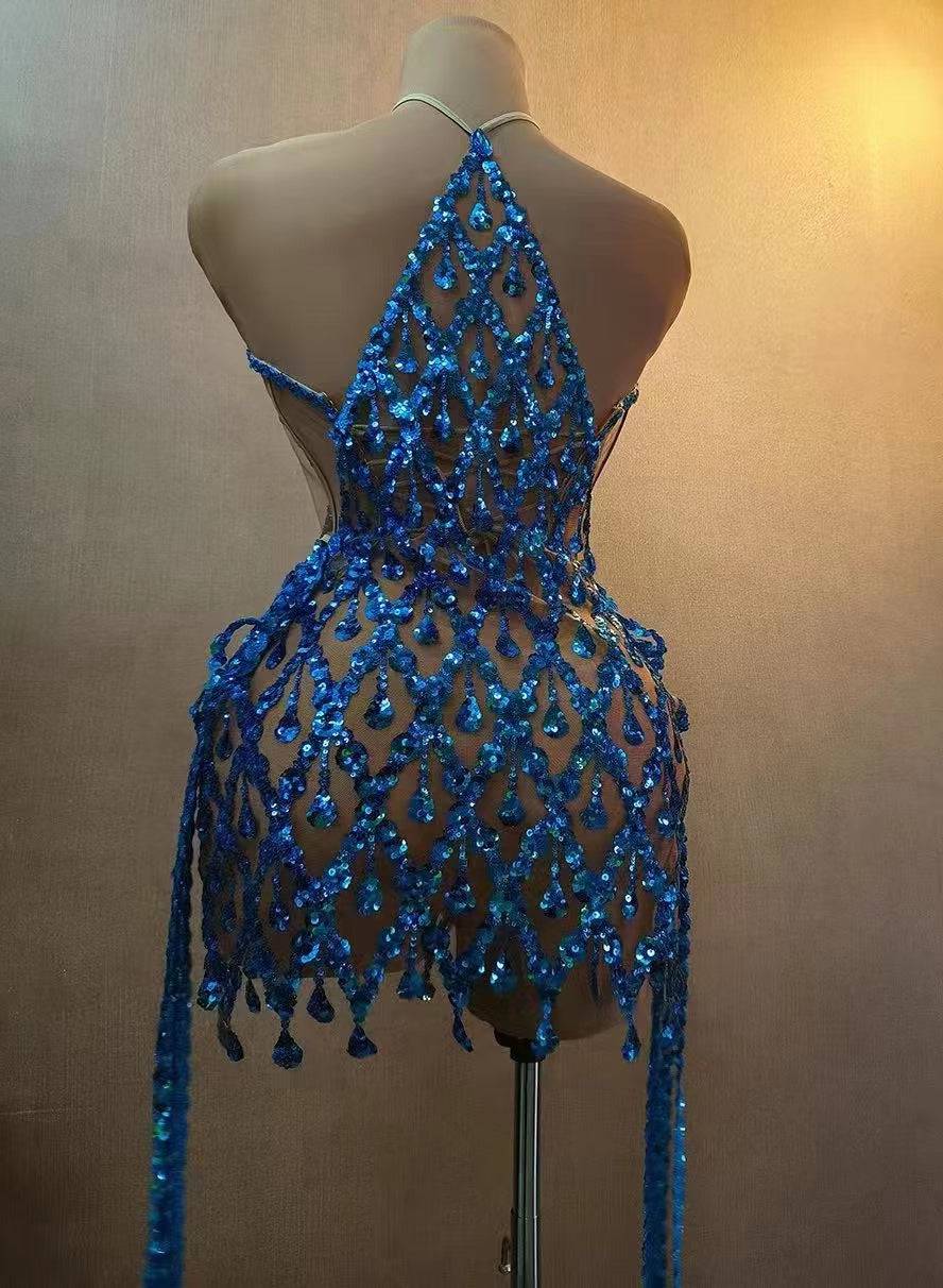Rosie Halter Neck Rhinestone Sequins Mini Dress - Hot fashionista