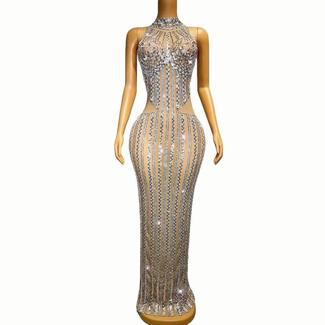 Sydnie Silver Sequins Rhinestones Transparent Dress - Hot fashionista