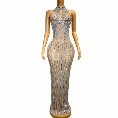 Sydnie Silver Sequins Rhinestones Transparent Dress - Hot fashionista