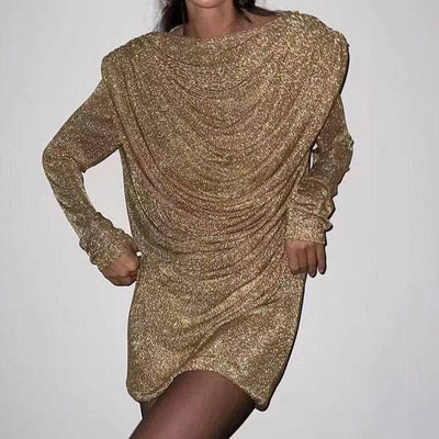 Selene Long Sleeve Cowl Neck Glitter Sequin Mini Dress - Hot fashionista