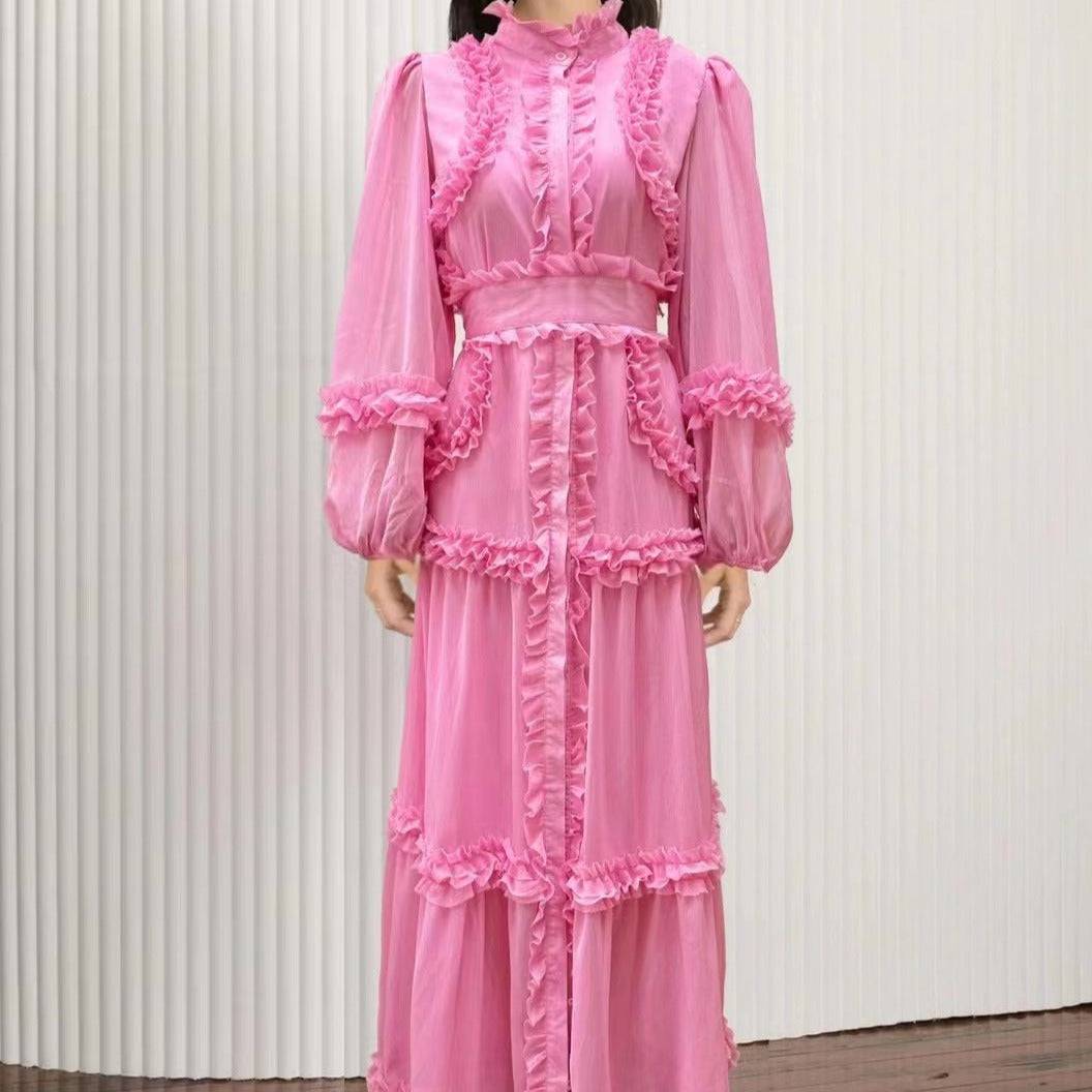 Dianna Lantern Sleeve Spliced Ruffle Maxi Dress - Hot fashionista