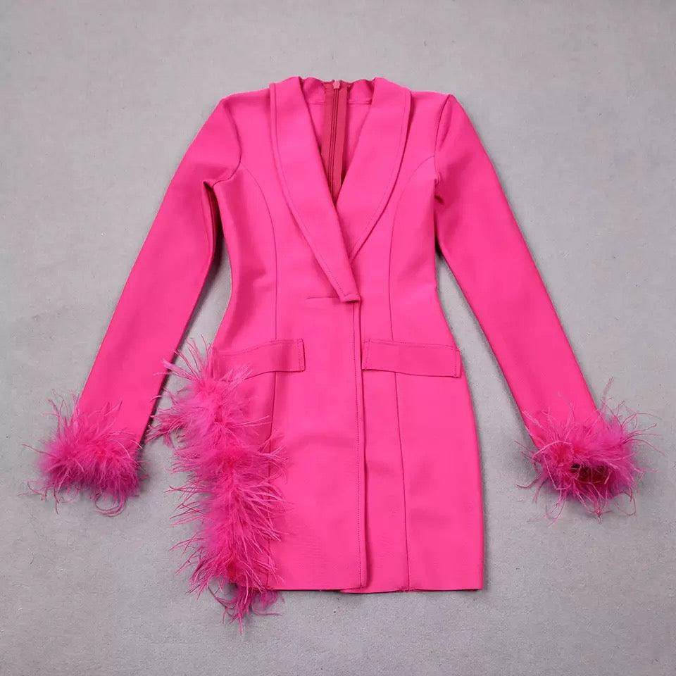 Lorraine Deep V-Neck Feather Embellished Blazer Mini Dress - Hot fashionista
