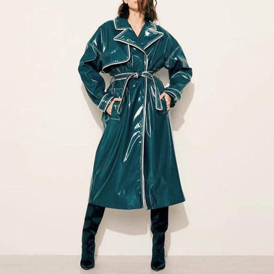 Nelly Long Sleeves Turn Down Collar Faux Leather Belted Coat - Hot fashionista
