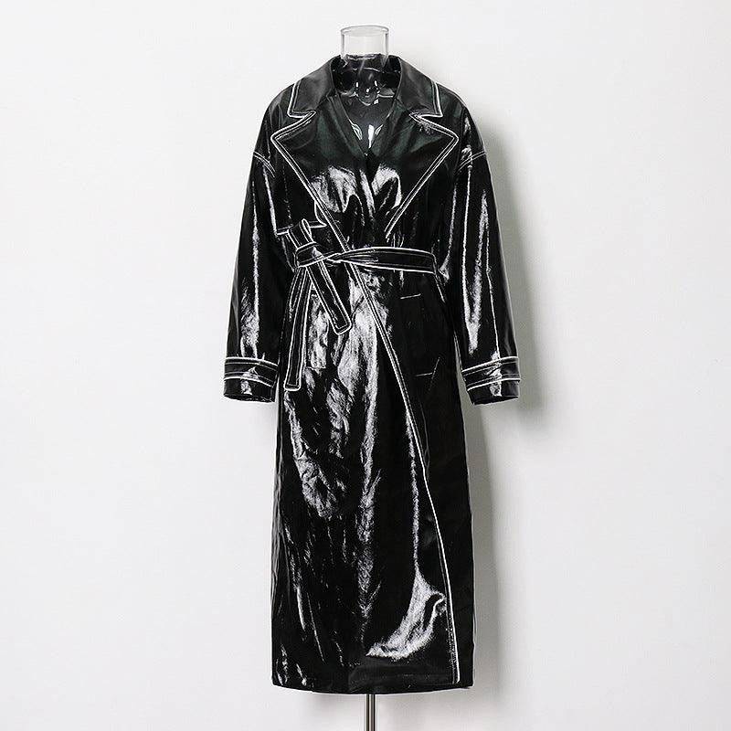 Nelly Long Sleeves Turn Down Collar Faux Leather Belted Coat - Hot fashionista