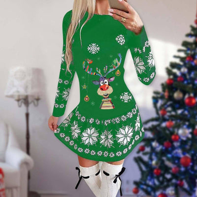 Rebecca Long Sleeve Elk Christmas Print Dress - Hot fashionista