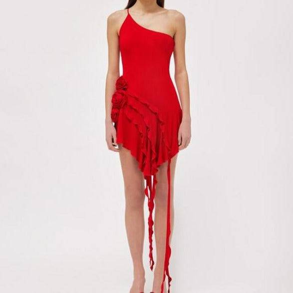 Erna One Strap Rose-Detail Ruffle Mini Dress - Hot fashionista