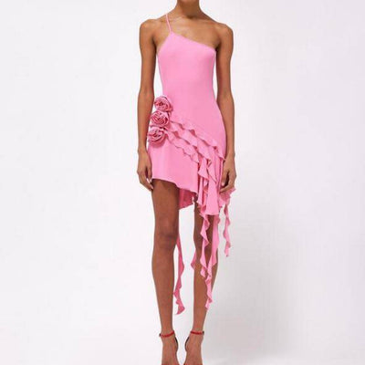 Erna One Strap Rose-Detail Ruffle Mini Dress - Hot fashionista