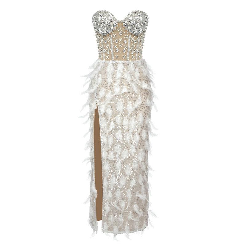 Addie Sweetheart Crystal Embellished Feather Midi Dress - Hot fashionista