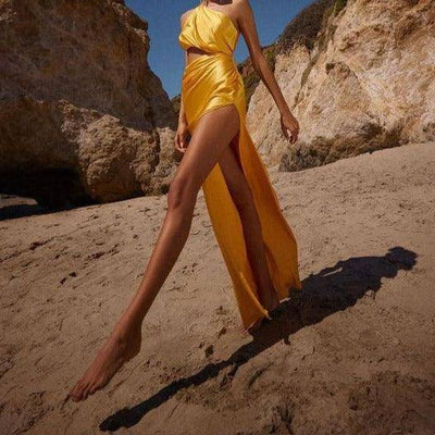 Barbara Asymmetrical Neck Side Slit Satin Maxi Dress - Hot fashionista