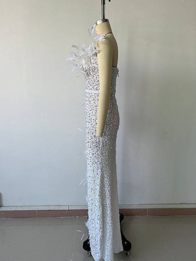 Brea Sleeveless Pearl Crystal Sequin Feather High Split Maxi Dress - Hot fashionista