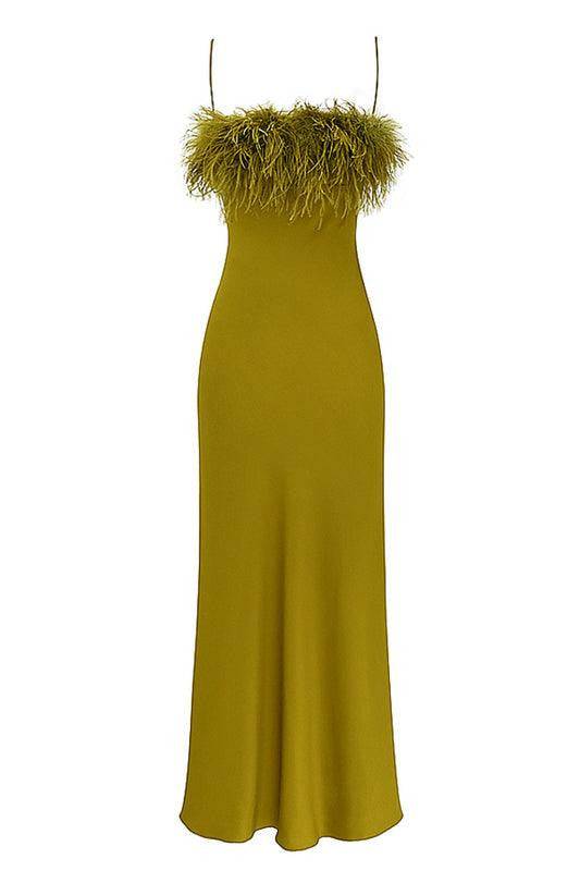 Cristy Spaghetti Dress Faux Fur Satin Maxi Dress - Hot fashionista