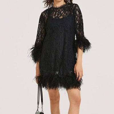 Esmeralda Long Sleeve Lace Feather Trim Mini Dress - Hot fashionista