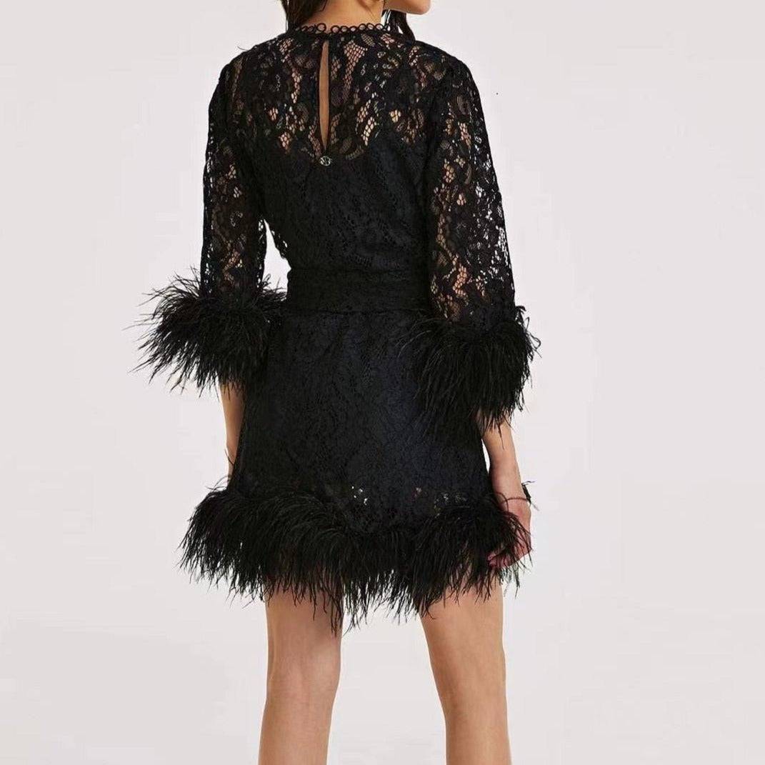 Esmeralda Long Sleeve Lace Feather Trim Mini Dress - Hot fashionista