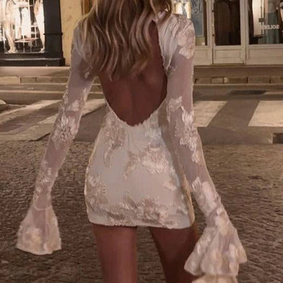 Evynne Flare Sleeves Backless Floral Embroidered Mini Dress - Hot fashionista