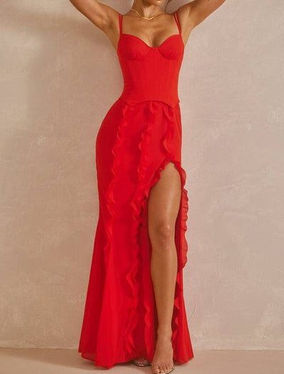 Ezra Asymmetrical Ruffle Hem Slit Dress - Hot fashionista