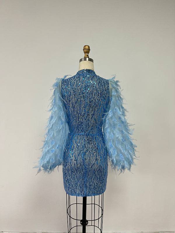 Frida Feather Long Sleeve Mesh Sequins Mini Dress - Hot fashionista