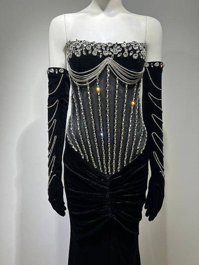Galilea Velvet Slit Mermaid Dress with Tassel Silver Crystal Gloves - Hot fashionista