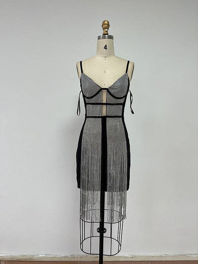 Georgiana Spaghetti Strap Crystal Chain Tassel Mini Dress - Hot fashionista