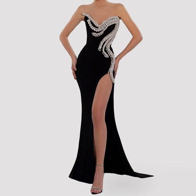 Harper Sweetheart Neck Silver Crystal Side Slit Maxi Dress - Hot fashionista