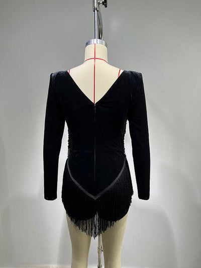 Janina Long Sleeve Deep V Neck Crystral Embellished Mini Dress - Hot fashionista