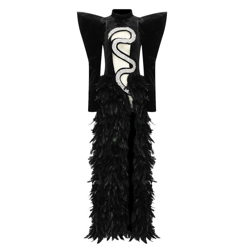 Julian Long Sleeve Rhinestone Embellished Feather Maxi Dress - Hot fashionista