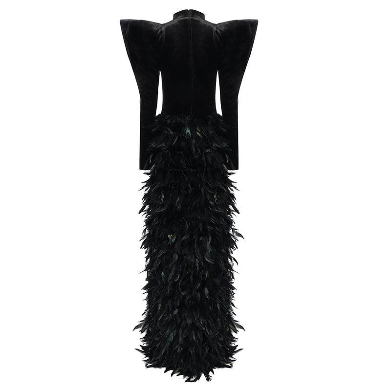 Julian Long Sleeve Rhinestone Embellished Feather Maxi Dress - Hot fashionista