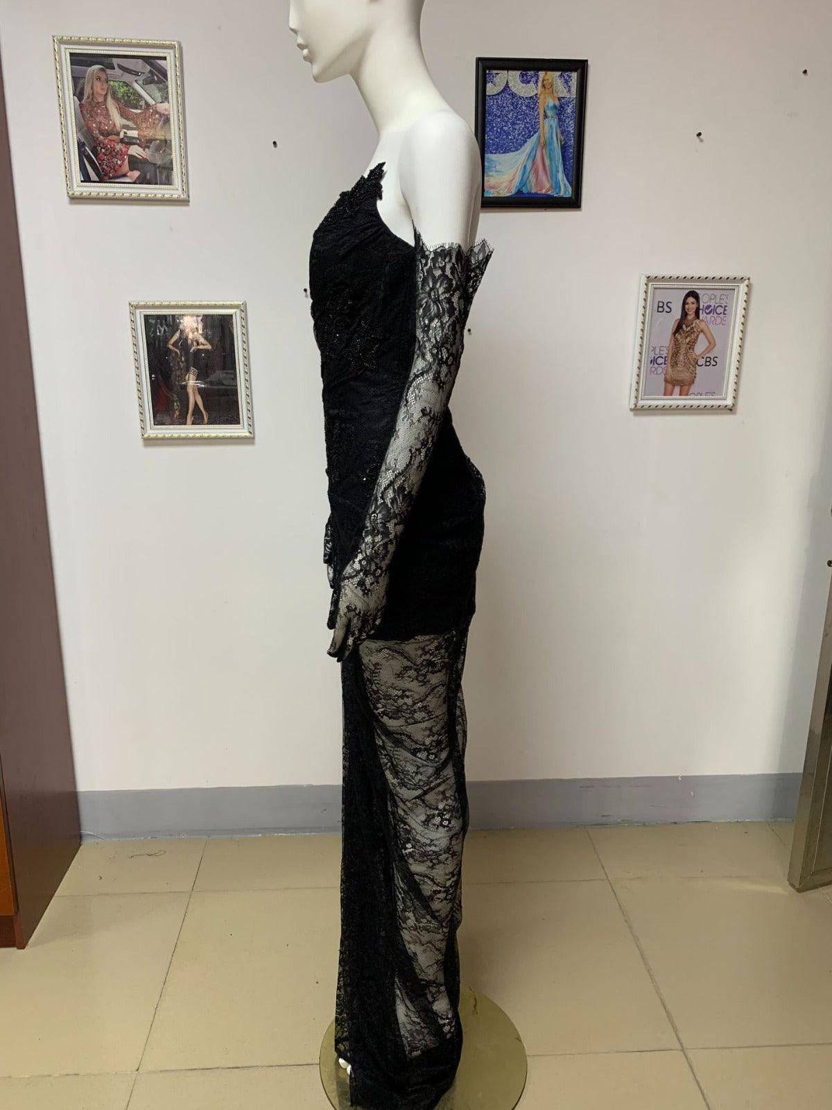 Julie Black Lace corset High Slit maxi Dress With Gloves - Hot fashionista