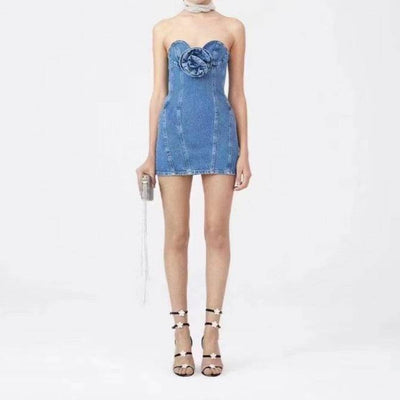 Kaylee Strapless Floral Applique Denim Mini Dress - Hot fashionista