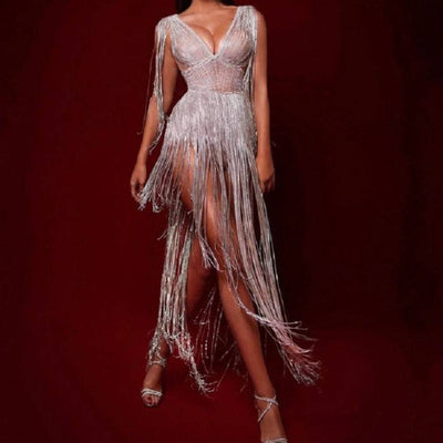 Kisha V Neck Crystal Chain Tassel Midi Dress - Hot fashionista