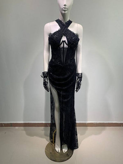 Leisha Sleeveless Lace Embellished Side Slit Maxi Dress - Hot fashionista
