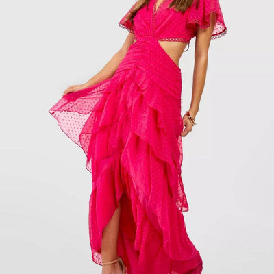 Mamie Short Sleeve V Neck Cut out Tiered Ruffle Maxi Dress - Hot fashionista