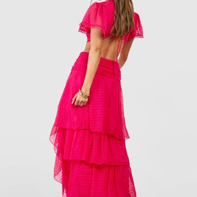 Mamie Short Sleeve V Neck Cut out Tiered Ruffle Maxi Dress - Hot fashionista