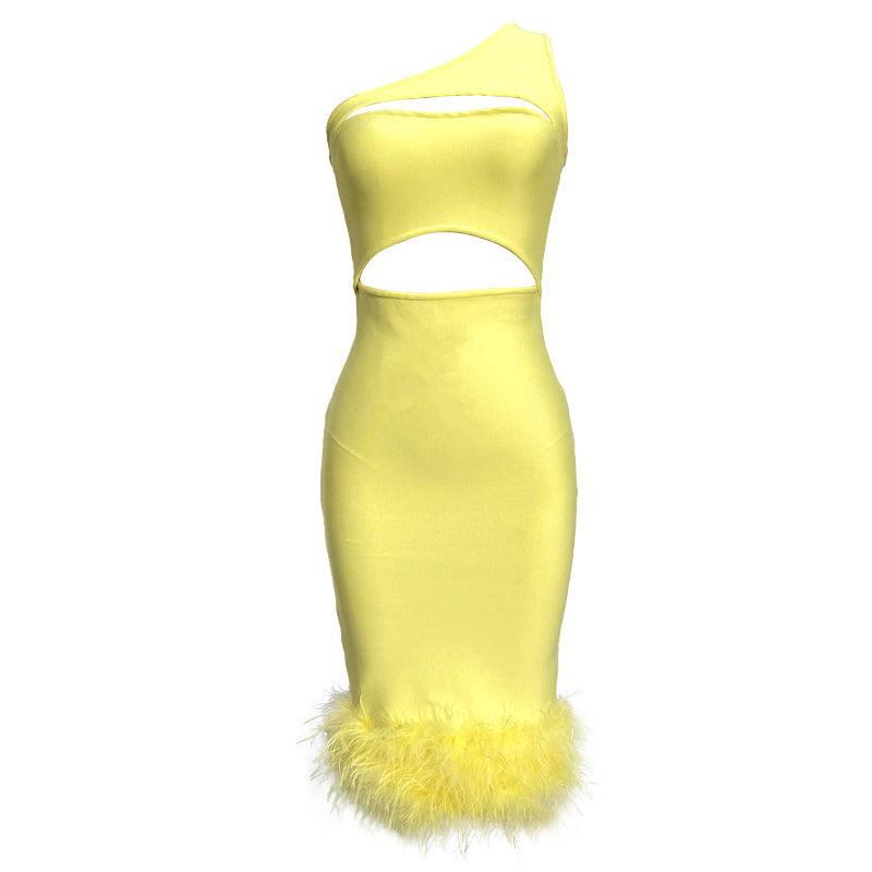 Marietta Asymmetrical Neck Cut Out Feather Hem Midi Dress - Hot fashionista