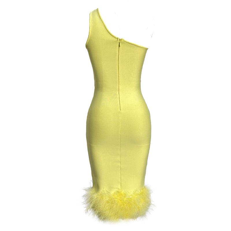 Marietta Asymmetrical Neck Cut Out Feather Hem Midi Dress - Hot fashionista