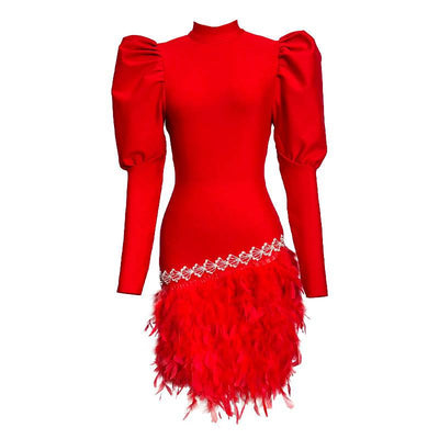 Mary Puff Sleeve Asymmetrical Feather Hem Mini Dress - Hot fashionista